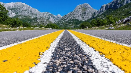 Yellow and white road markings on asphalt highway leading towards mountainous landscape with green trees and rocky peaks under a clear blue sky