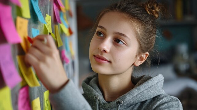A focused girl amidst a tapestry of colorful sticky notes, immersed in a creative brainstorming session. capturing her curiosity and the visual symphony of ideas.