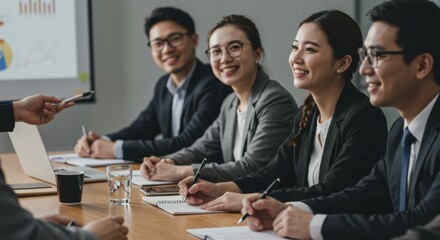 Group of engaged Asian business professionals smiling during a collaborative training session in a modern conference room