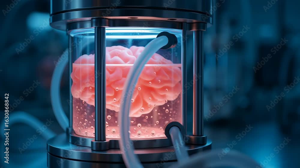 Poster brain in laboratory container with metal tube frame and bio engineering innovation combined with art
