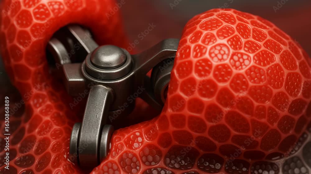 Poster bio innovation engineering merge in close up mechanical joint on textured red organic surface with f