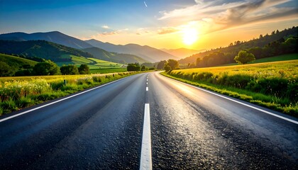 Asphalt road, sunset over mountains