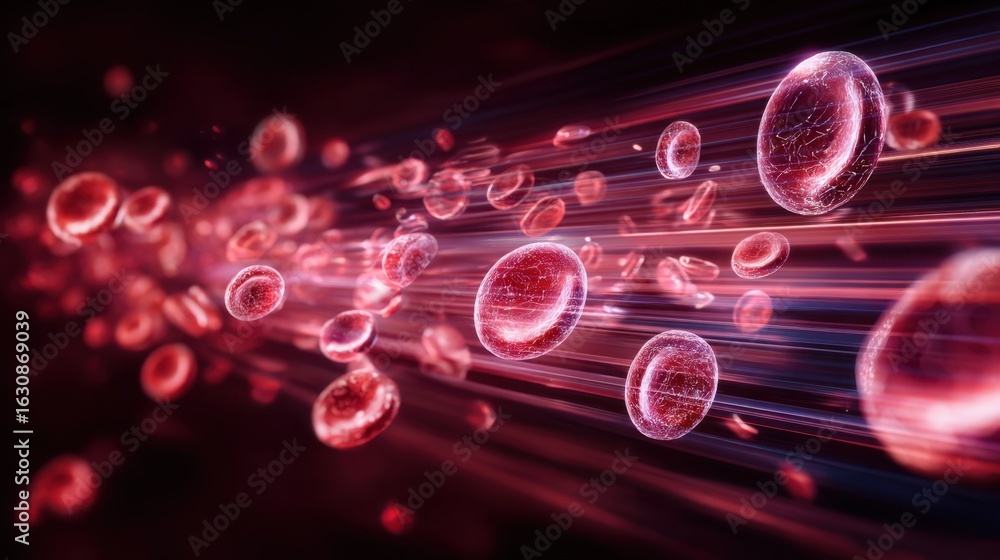 Poster digital infographic with pulsing platelet cells rapidly decreasing in bloodstream flow visualization