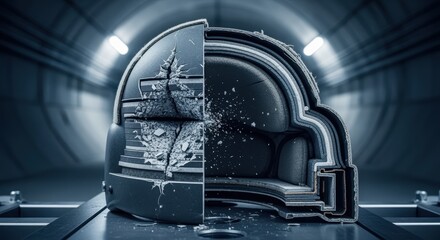 Crosssectional imaging of a ballistic helmet tested in tunnel environments focusing on internal damage patterns after impact.