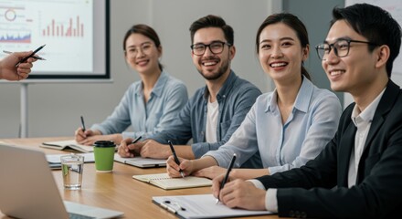 A diverse group of smiling professionals attentively listening to a presentation during a corporate training seminar in a modern office meeting room.