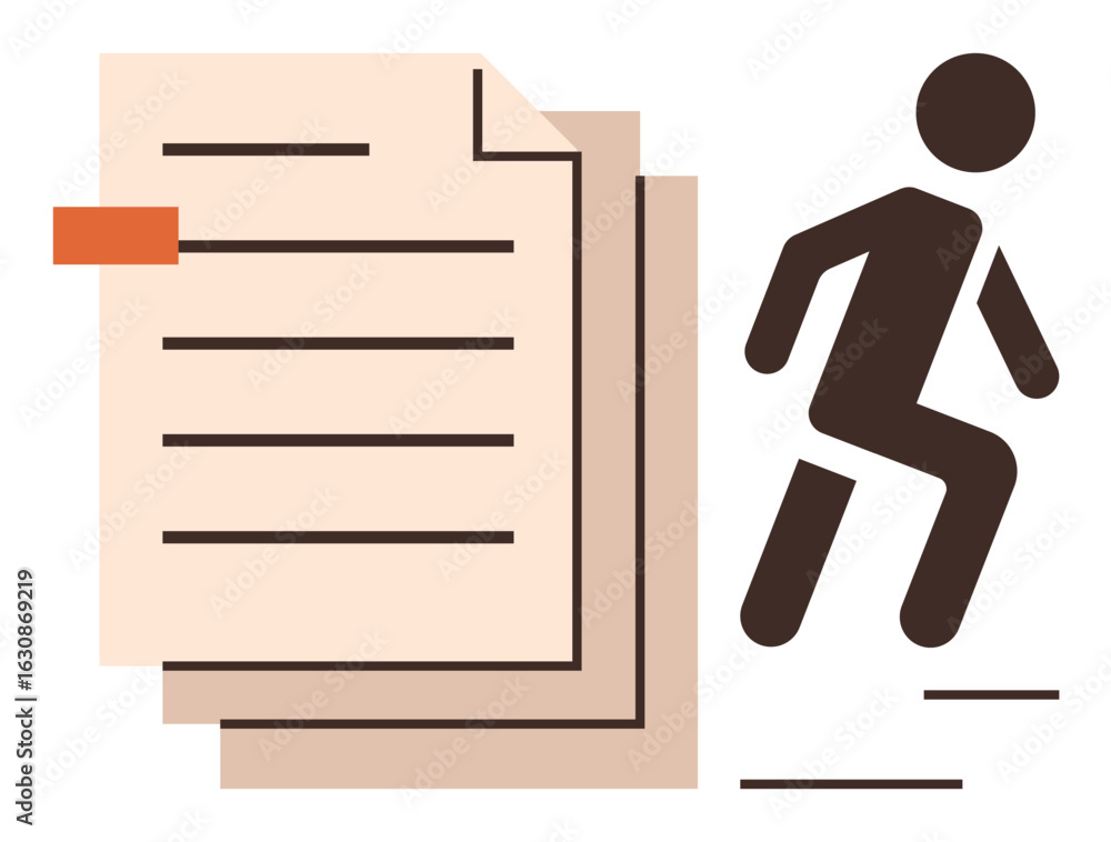 Poster stacked papers with a red tab next to a running figure, symbolizing movement, tasks, and progress. i