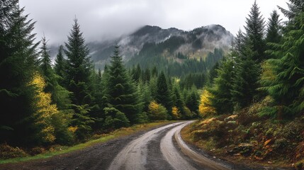Winding dirt road through lush green forest with tall trees and misty mountains in the background