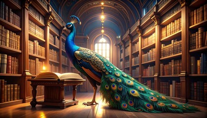 Peacock Reading in Royal Library