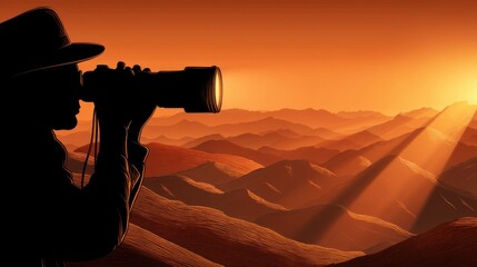 Fototapeta premium A person with a hat using binoculars to observe a scenic desert landscape at sunset