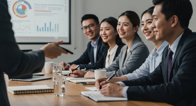 Group of Asian business professionals in a productive conference room meeting discussing corporate growth strategy with data visualization. - Powered by Adobe