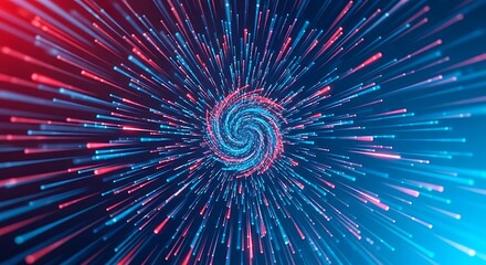 Celestial Swirls: A vibrant abstract representation, capturing the dynamic convergence of red and blue light streams into a central vortex. Illustrating energy and movement. 