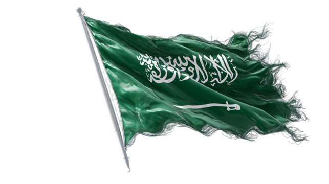 A close up of the flag of saudi arabia waving with a black background and a silver flagpole base