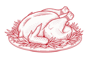 Elegant roasted chicken centerpiece with fresh herb garnish on serving platter, sketch art style
