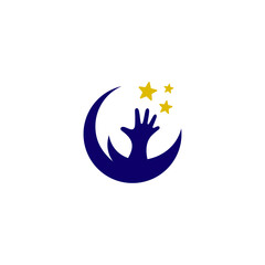 crescent moon logo with hands reaching for a star in flat design style