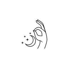 hand logo with crescent moon and star in line art design style