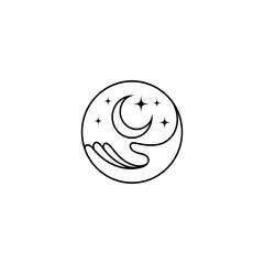 hand and crescent moon logo in circle frame with line art design style