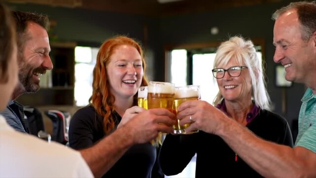 Group of golfers toasting with beer at the 19th hole clubhouse bar.