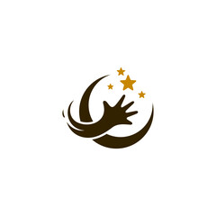 crescent moon and star logo with orbiting hands in flat design style