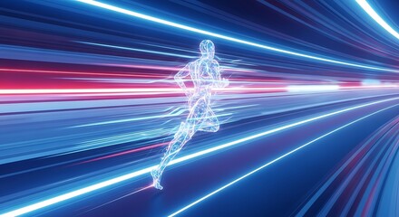 Speed of Light: A digital silhouette of a running person traverses through a tunnel of speed, streaks of light creating an impression of intense motion and advancement.