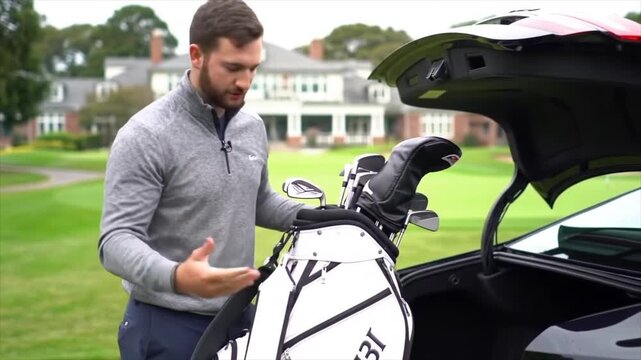 Man taking his golf bag out of the trunk of a luxury car at a golf course.