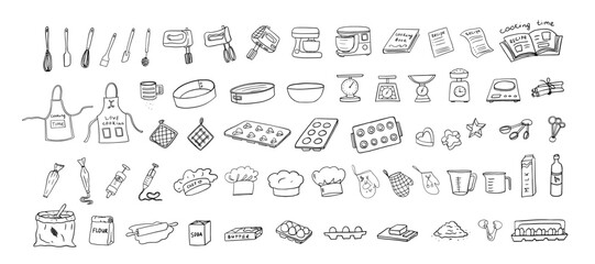 Obraz premium Big set of baking theme. Confectionery. Kitchen tools, kitchenware, kitchen equipments. Love cooking. Home baking. Hand drawn