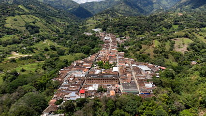 Ebejico, Antioquia, Colombia. May 25, 2025. Panoramic view of the town with a drone. Founded on...