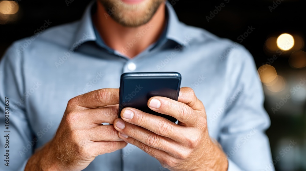 Aufkleber man using smartphone in a casual setting with a blurred background