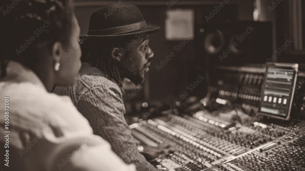 Poster behindthescenes of a recording session showing a producer controlling complex audio gear providing f