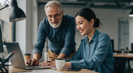 Experienced senior businessman mentoring a young female colleague, working together on a laptop in a modern office.