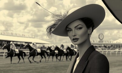 Elegant woman in stylish hat at horse racing event. Old money, timeless fashion and sophistication