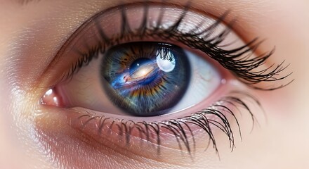 Cosmic Gaze: A close-up shot of an eye, its iris reflecting the beauty of a galaxy