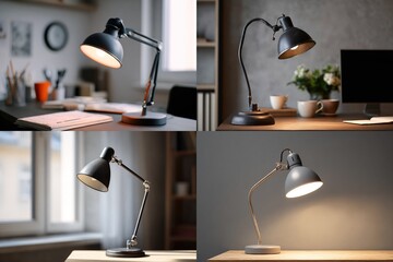 Quadruple image showcasing four identical dark-grey adjustable desk lamps with metallic accents, illuminated, in various home office settings