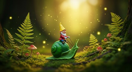 Enchanted Garden Gnome's Journey: A whimsical illustration of a gnome riding a snail through a magical forest, bathed in soft light, capturing the charm of fairy tale and the beauty of nature.