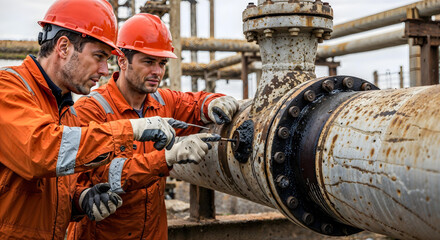 Two oil refinery workers collaborate on inspecting and maintaining a large industrial pipe.