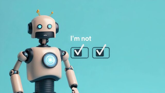 Humanoid robot clicks checkbox, highlighting its non-human status against blue background