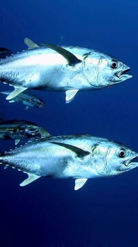 Underwater Tuna School in Deep Blue Ocean