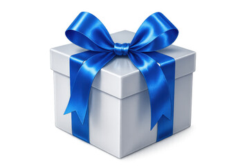 Obraz premium Elegant white gift box adorned with glossy blue ribbon, symbolizing festive moments and special event presentations