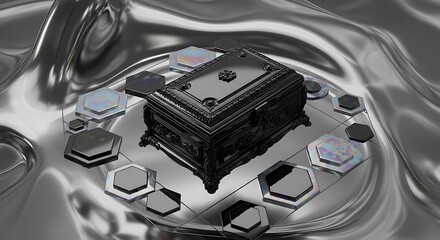 Mysterious Black Box: Intricate ornate box is centered in an immersive and highly reflective futuristic silver environment, where mystery and allure converge.