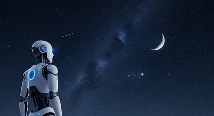 A.I. Contemplation under the Night Sky: A lone android observes a celestial vista of the crescent moon, stars, and nebulas, sparking contemplation.