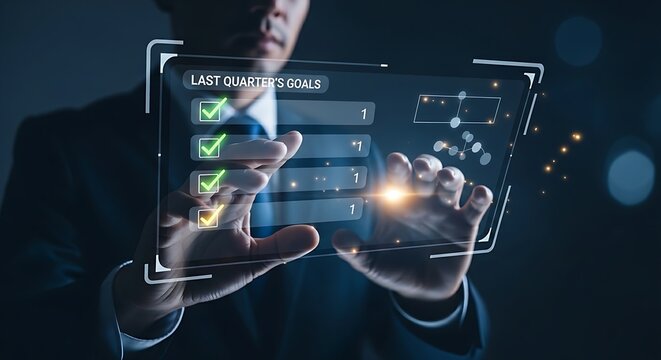 Goal review concept. A professional analyzes a holographic list of past goals, with green checkmarks on completed tasks and yellow on pending ones. - Powered by Adobe