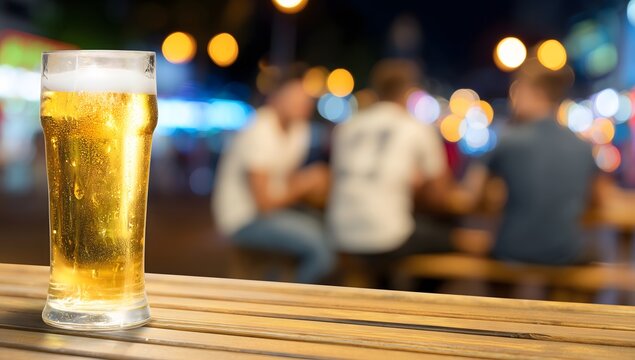 Cold beer glass sitting on wooden table with friends chatting in background at night - Powered by Adobe