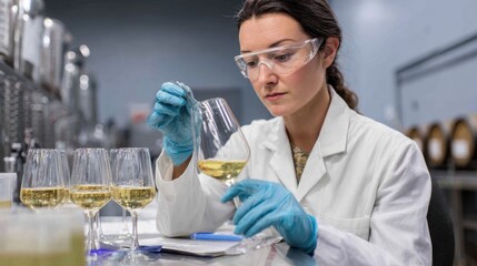 A wine researcher inspects fermentation samples in sterile laboratory setting calibrating chemical levels to perfect the final product.
