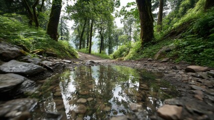 Obraz premium A tranquil forest stream flows through lush green trees and rocks in a peaceful woodland scene