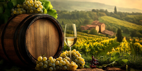 Glass of white wine on a rustic barrel outdoors