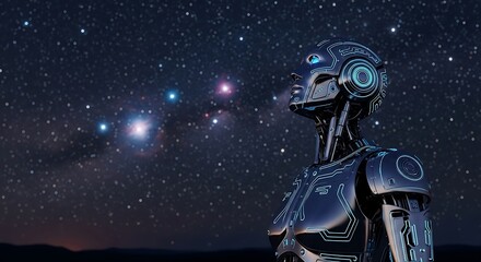 Stargazing Android: An advanced android, its metallic gaze fixed upon a celestial canvas dotted with twinkling stars. A blend of technology and cosmic wonder.
