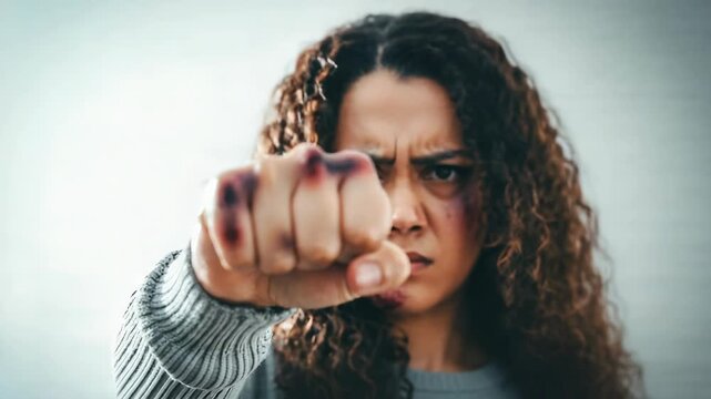 Woman with bruised knuckles in focus, blurred face, showing sign of violence