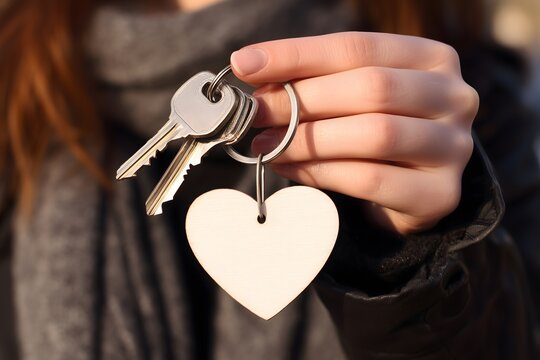 Woman holding house keys with heart shaped keychain - Powered by Adobe