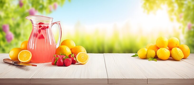 Refreshing pink lemonade with strawberries, lemons and oranges on a wooden table in a garden setting