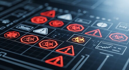 Digital Alerts on Panel: A close-up view of a technological panel, with numerous illuminated warning symbols and signs flashing in a vibrant red hue.