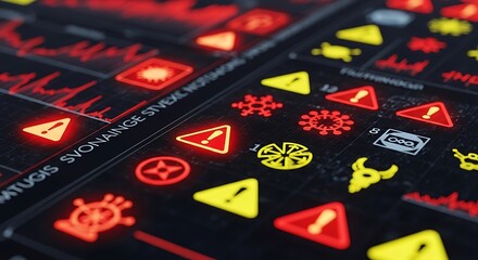 Warning Indicators and Alerts: A close-up shot of a technological interface lit up with a variety of caution signs and alerts, displaying complex data visualization in shades of red, yellow.